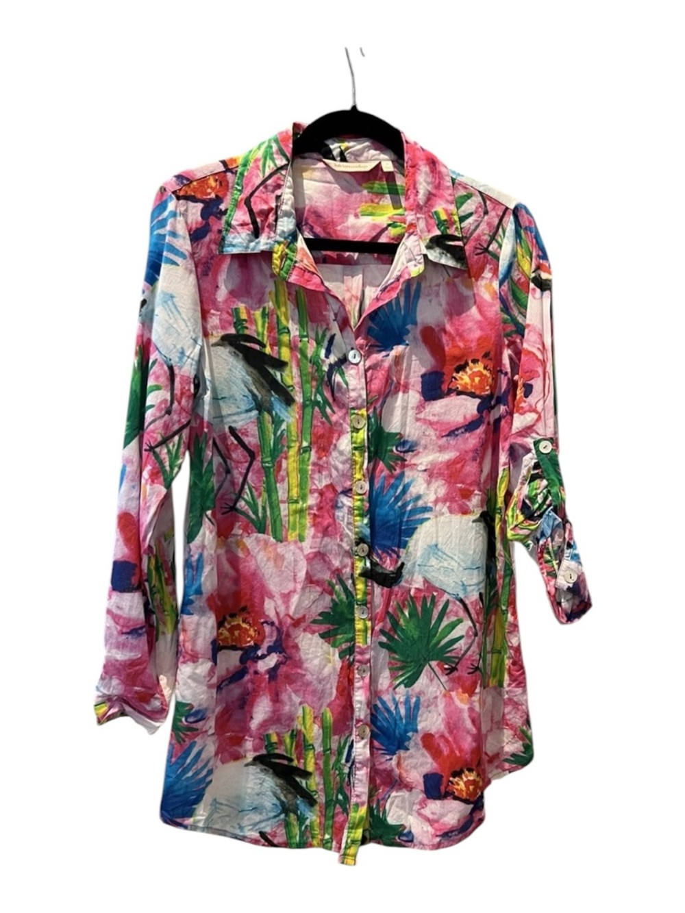 Soft Surroundings XL Tropical Bird Floral Button Front Roll Tab Blouse Colorful - Picture 12 of 13